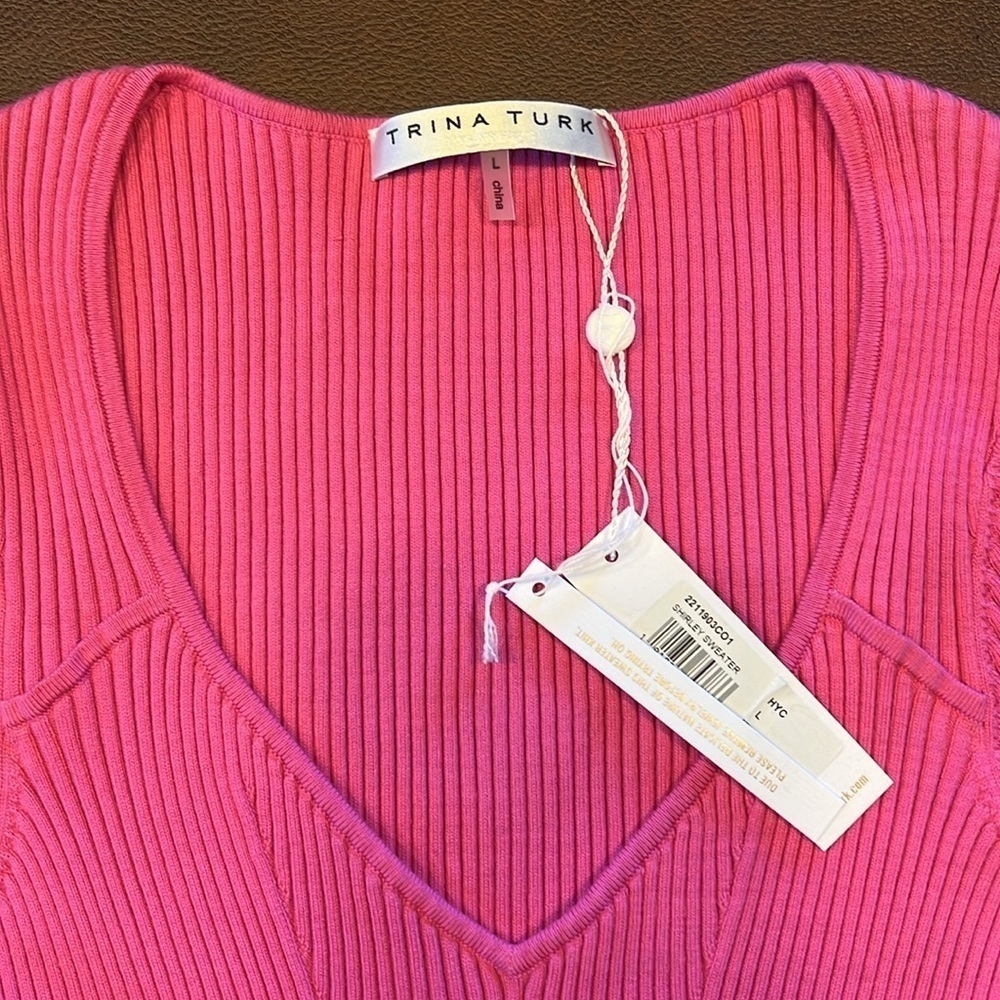 Trina Turk Pink Ribbed V Neck Sweater Large - Picture 5 of 9